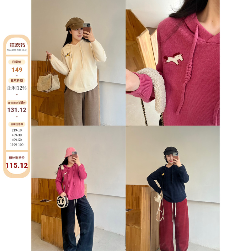 刺绣小马！百搭休闲宽松连帽针织