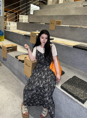 法式蕾丝真两件套碎花裙