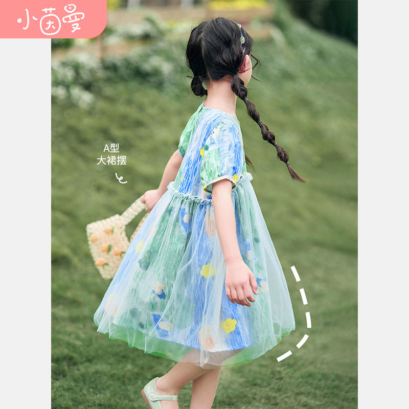 茵曼童装绿色油画碎花裙女童2023夏洋气泡泡袖儿童网纱蓬蓬公主裙