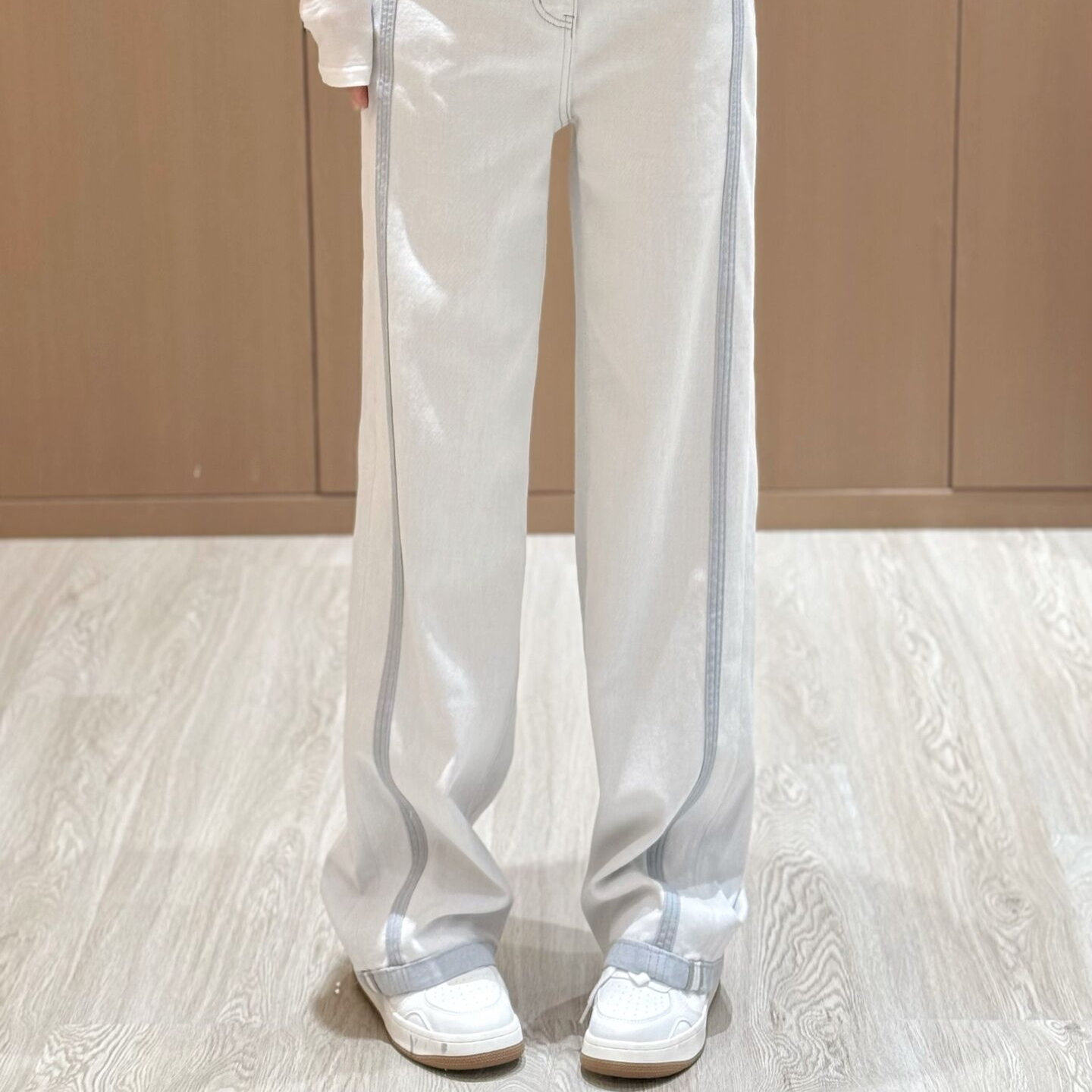 正确版三角标直筒牛仔裤女宽松显瘦撞色高腰长裤子阔腿拼接拖地裤
