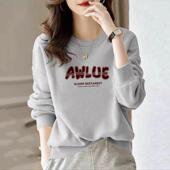 100%纯棉山东即墨爆款 高级感圆领卫衣女加绒加厚洋气字母打底上衣