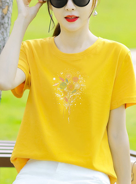 黄色圆领纯棉短袖t恤女2025夏季新款慵懒风气质宽松休闲百搭体恤