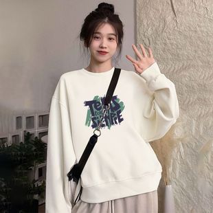 山东即墨100%纯棉卫衣女秋冬慵懒风韩系设计感白色长袖体恤衫外套