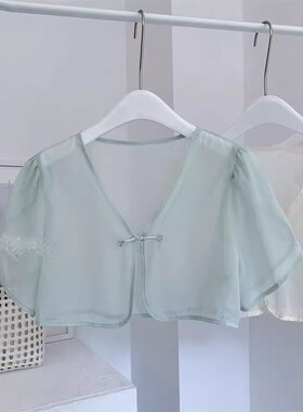 坎肩罩衫女夏季中国风泡泡短袖小个子吊带裙开衫防晒网纱外搭披肩