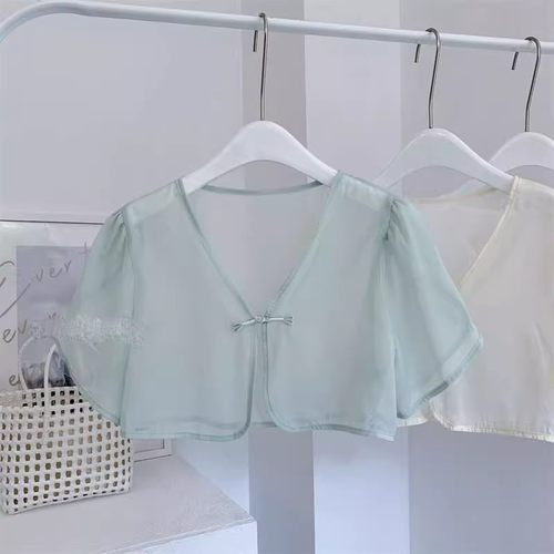 坎肩罩衫女夏季中国风泡泡短袖小个子吊带裙开衫防晒网纱外搭披肩