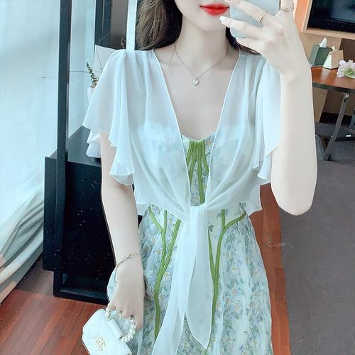 薄款雪纺衫女夏季外搭开衫披肩配裙子小外套薄纱上衣泡泡袖防晒衫