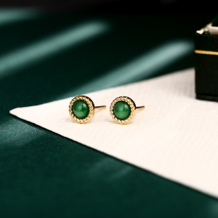 天然翡翠帝王绿蛋面耳钉18K黄金白金玫瑰金新中式女士款轻奢耳饰