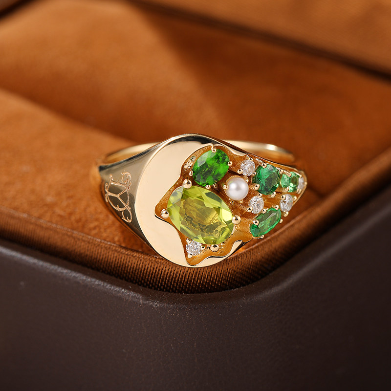 春色满园18K黄金天然绿宝石戒指珍珠钻石小众设计轻奢独特男女戒