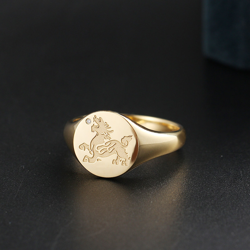 貔貅戒指 18K黄金天然钻石男女瑞兽中式国潮复古足金图章徽章戒指