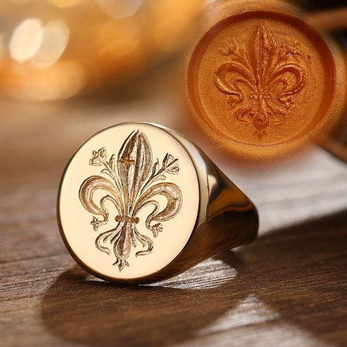 鸢尾花火漆印章戒指18K黄金纯足金白铂金纯手工錾刻轻奢小众高级