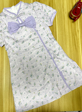 宝儿w紫色格旗袍裙，棉布裙，0638