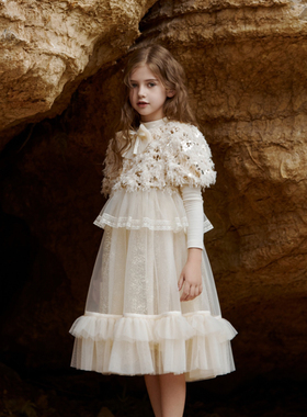 宝儿w女宝米色连衣裙，毛毛亮片外搭，同款粉色，0962