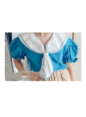 【特】B品牌蓝色领带领娃娃衫，泡泡袖，0925