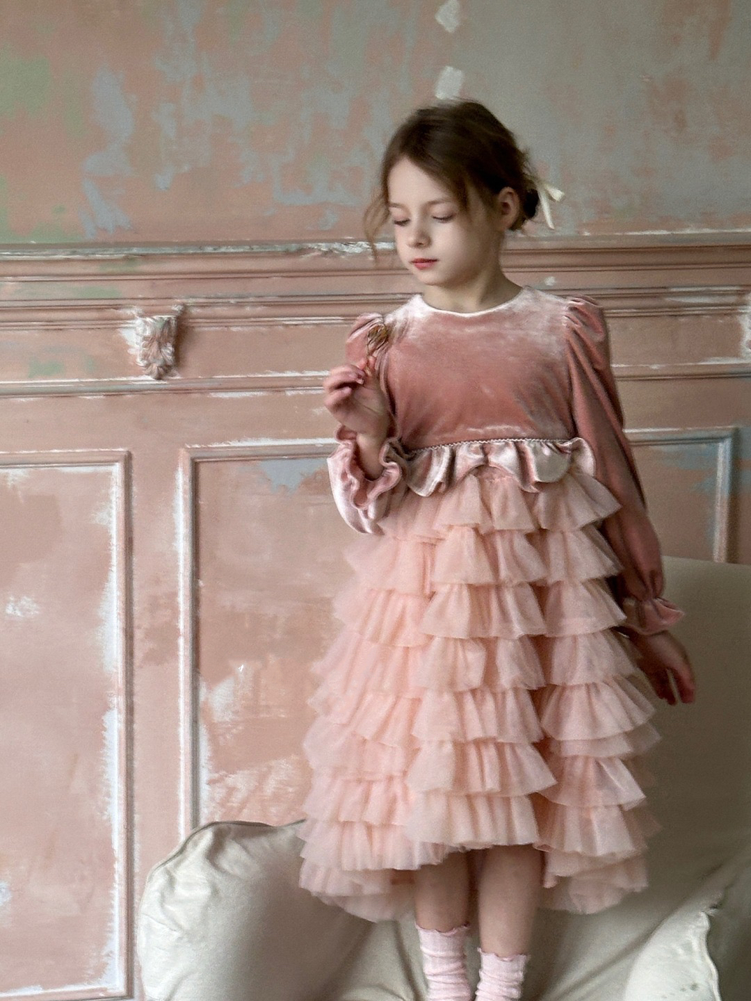 宝儿w女宝粉色连衣裙丝绒网纱拼接纱纱裙，春秋款，同款黑色0918