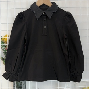 宝er汪 女宝黑色打底衫，长袖带领T恤，有弹力，0620