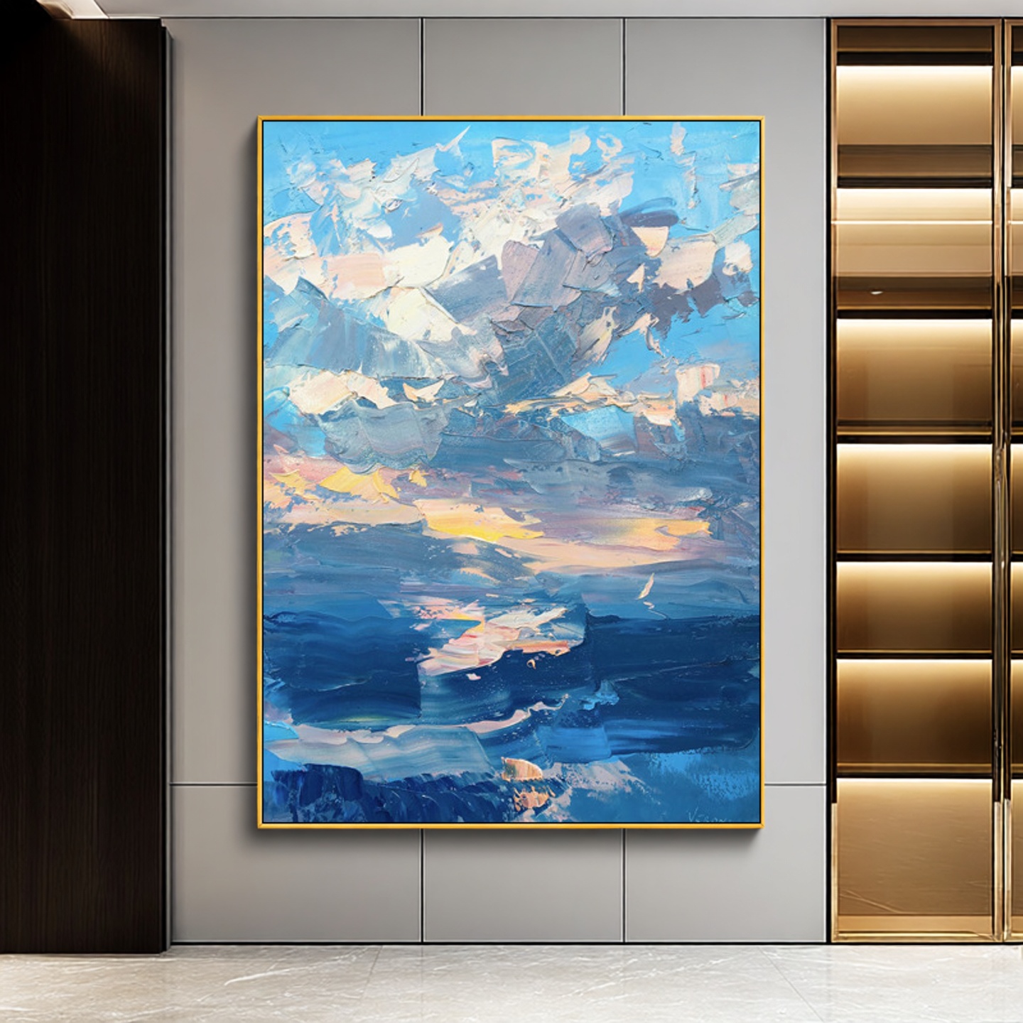 手绘油画抽象立体海上日出现代客厅玄关背景墙装饰画餐厅落地画图片