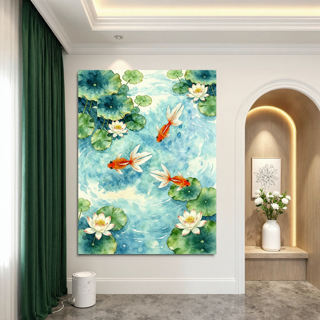抽象手绘荷花金鱼立体玄关油画