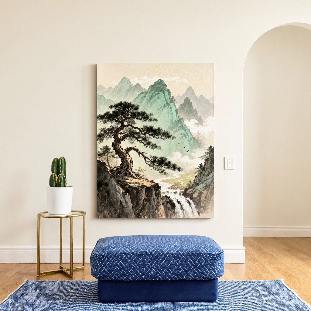 中式山水禅意瀑布松树客厅壁画