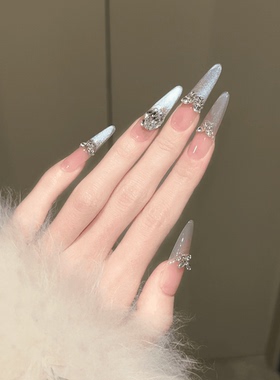 纯手工穿戴甲法式高级感烟灰色猫眼渐变抱歉碎钻锆石显白长款美甲