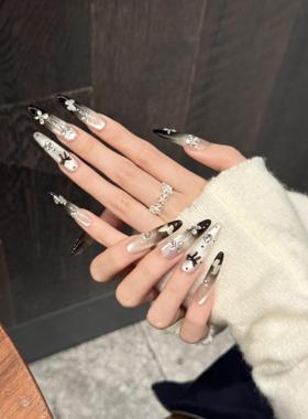 纯手工穿戴甲暗黑辣妹黑色渐变猫眼爆闪镂空镶钻蝴蝶可拆卸美甲片