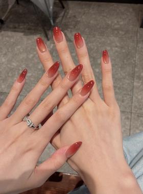 纯手工穿戴甲高级显白烂番茄红色渐变美甲可拆卸爆闪猫眼美甲贴片