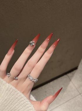手工穿戴甲气质大女主高级渐变红色爆闪堆钻新年氛围感可拆卸美甲