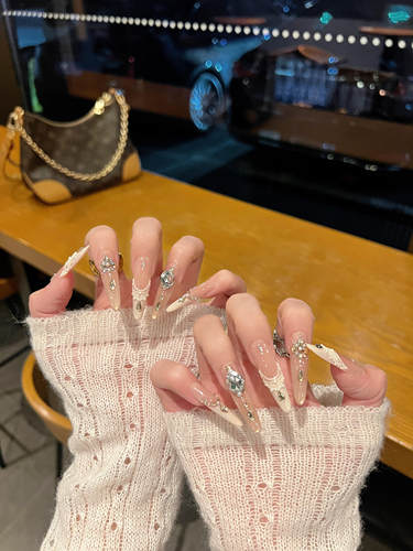 缪斯小香手工穿戴甲法式清透裸渐变蕾丝雪花碎钻锆石可拆卸美甲片