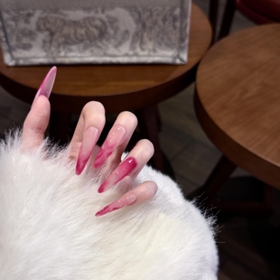 纯手工穿戴甲法式海丽玫红色晕染御姐温柔气质高级小众可拆卸美甲