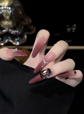 手工穿戴甲法式新年氛围感渐变车厘子红色爆闪钻显白御姐美甲贴片