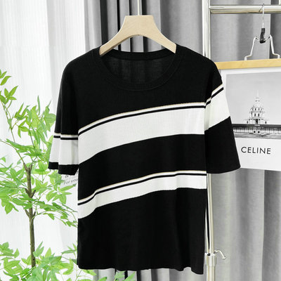 莱赛尔蚕丝针织短袖T恤条纹上衣