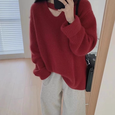 已出货 秋冬装茶系穿搭盐系轻熟高级感慵懒风新年红色针织毛衣女