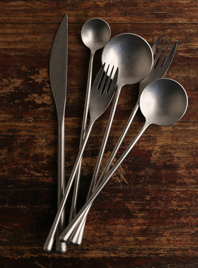 复古做旧欧式圆柄磨砂vintage不锈钢ins西式餐具牛排甜品刀叉勺