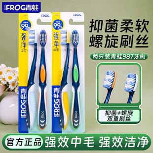 专用 去牙渍烟渍男士 青蛙进口硬毛牙刷软毛中毛家庭装 大成人987款