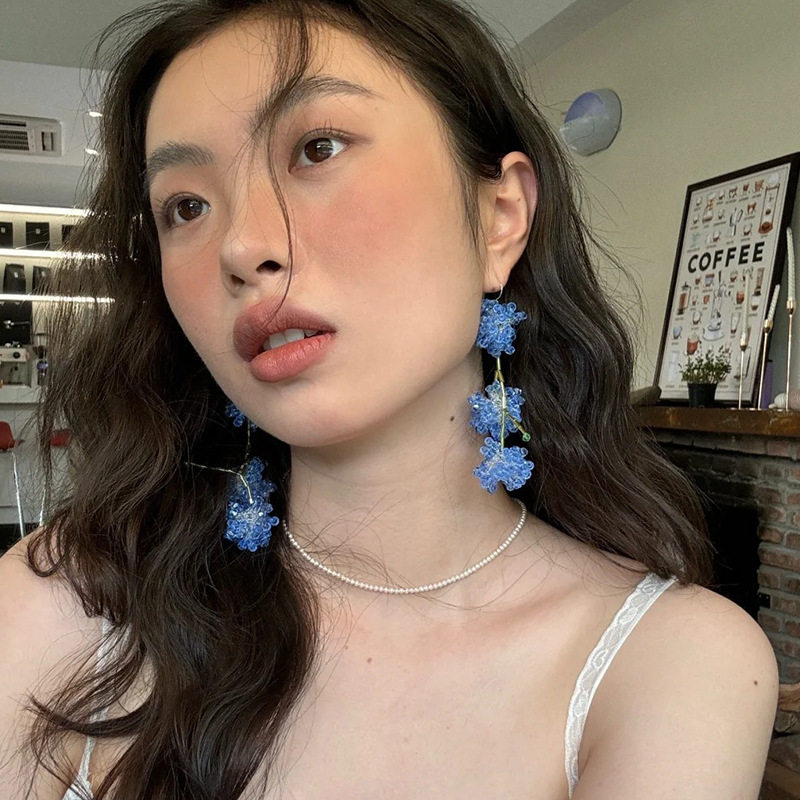 夸张水晶串珠球球流苏长款耳勾女海边度假风时尚气质百搭耳环耳饰