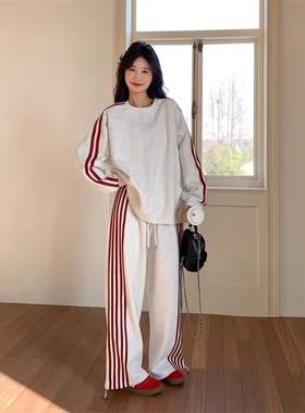 白灰色时尚炸街运动套装女秋季2025新款显瘦卫衣阔腿裤休闲两件套