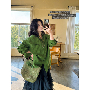 高支纯亚麻清新绿色复古松弛感宽松休闲显瘦百搭衬衫春 安妮森林