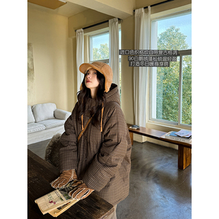 暖立方进口色织格纹90白鹅绒连帽保暖休闲气质羽绒服 安妮森林