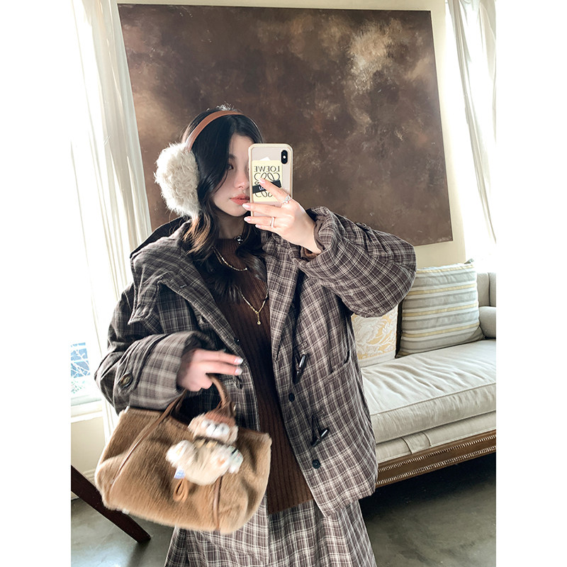 安妮森林棉质格纹90白鹅绒羽绒服