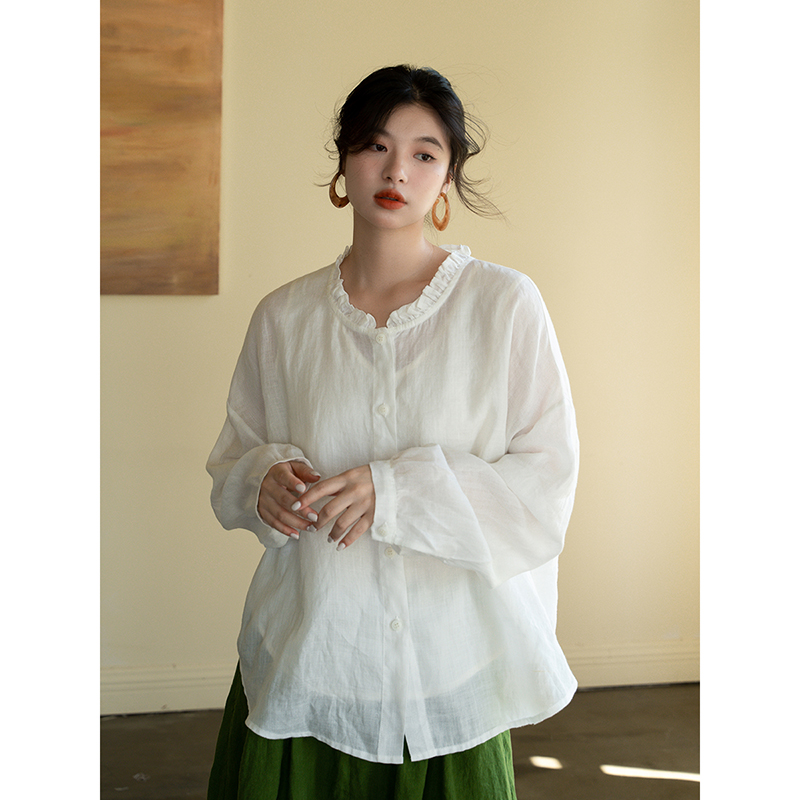 安妮森林复古苎麻酵素洗衬衫秋款