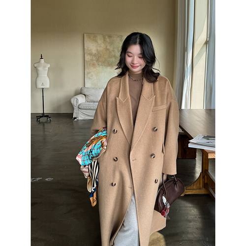 安妮森林经典驼色翻领双面呢大衣