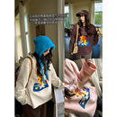 棉柔手绘复古抱抱小熊印花圆领宽松文艺感休闲百搭卫衣 安妮森林