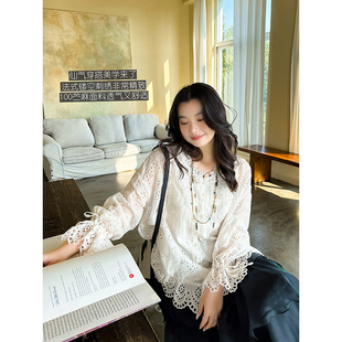 仙气100苎麻法式镂空精致刺绣休闲百搭气质衬衫送吊带 安妮森林