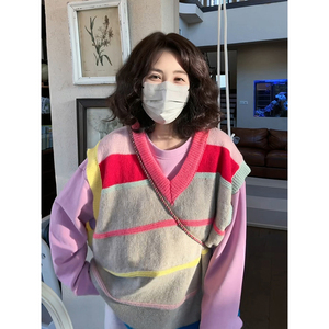 【遇见彩虹】安妮森林复古彩色撞色V领毛线背心