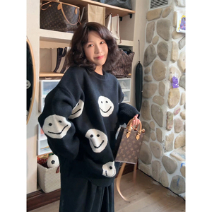 复古笑脸撞色毛衣女韩版宽松圆领百搭慵懒风安妮森林【周末午后】