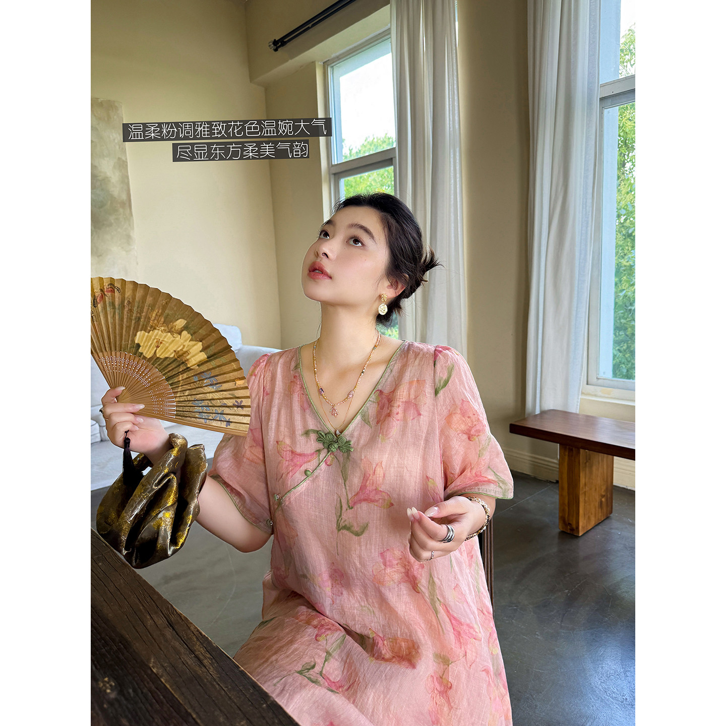 粉调纯苎麻优雅花色斜襟盘结旗袍显瘦连衣裙送吊带裙 安妮森林