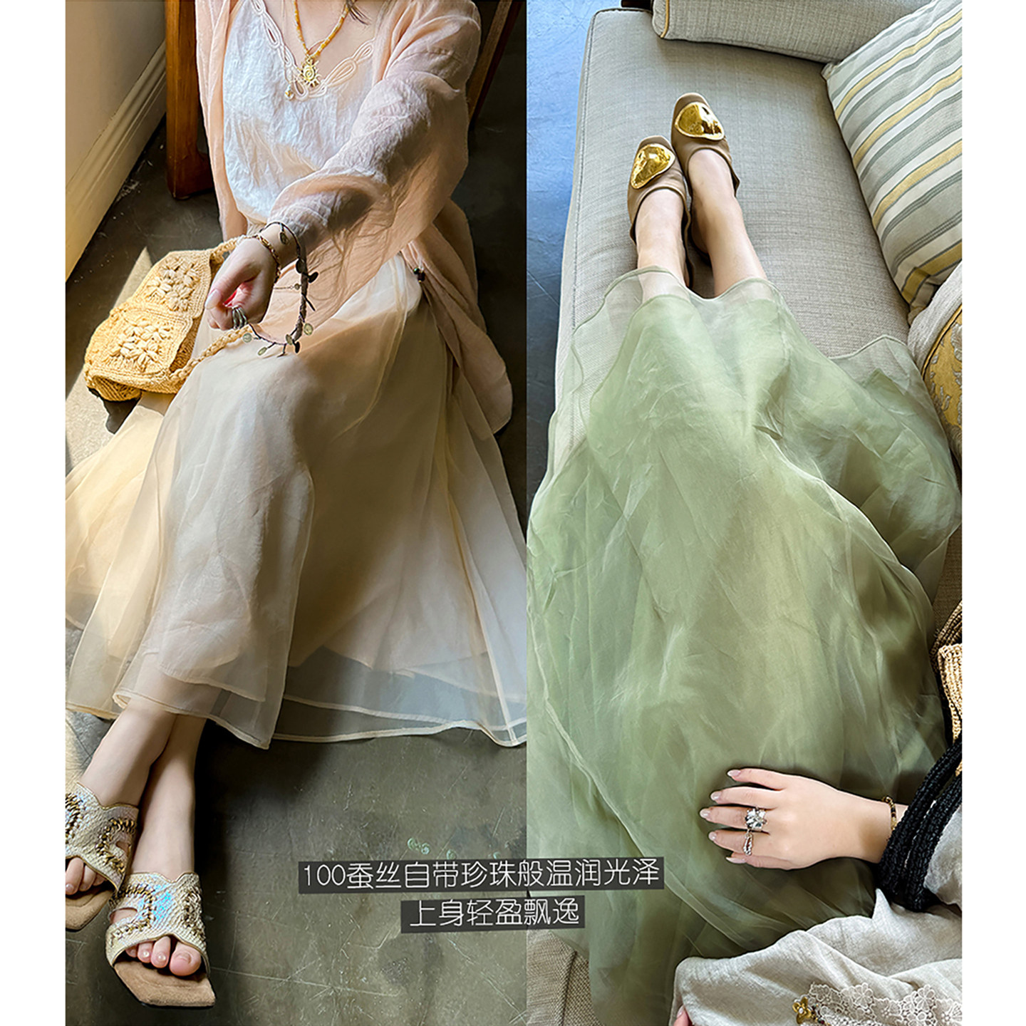 100蚕丝绝美飘逸显瘦松紧腰优雅蓬蓬百搭A字气质半身裙 安妮森林