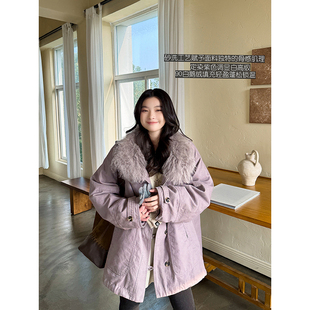 砂洗骨感定染紫色皮草羊毛领90白鹅绒保暖气质羽绒服女冬安妮森林