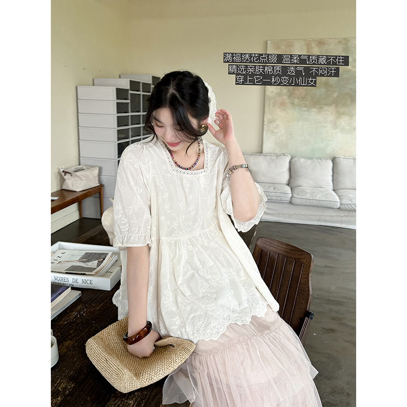 100棉重工方領文藝氣質娃娃衫夏