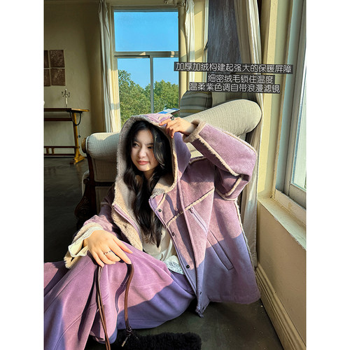 安妮森林加厚羊羔绒紫色皮毛外套