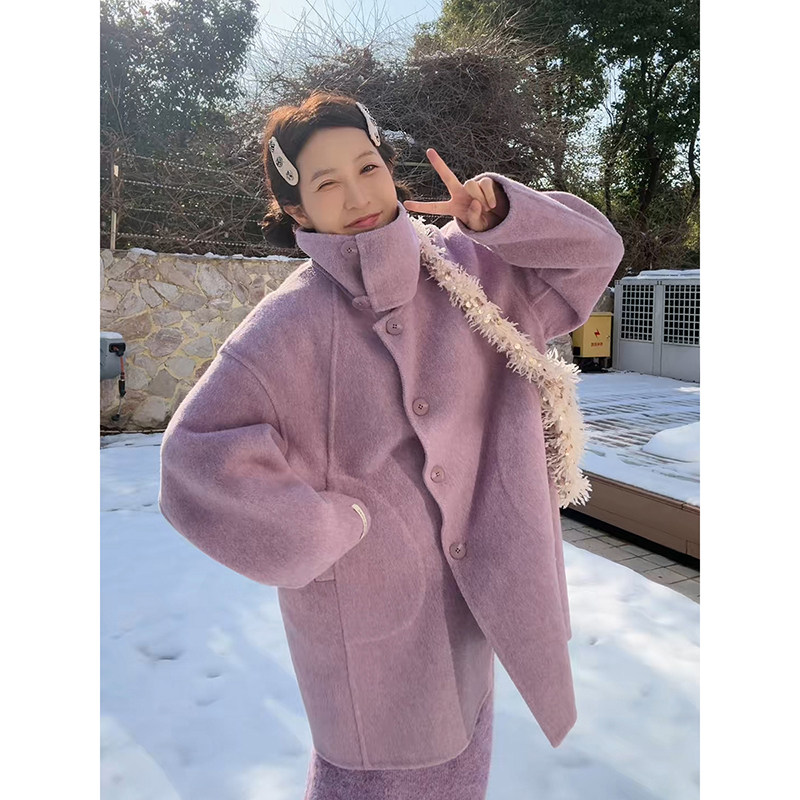 纯手工羊毛大衣连帽双面呢外套复古迷人紫色优雅安妮森林宽松廓形